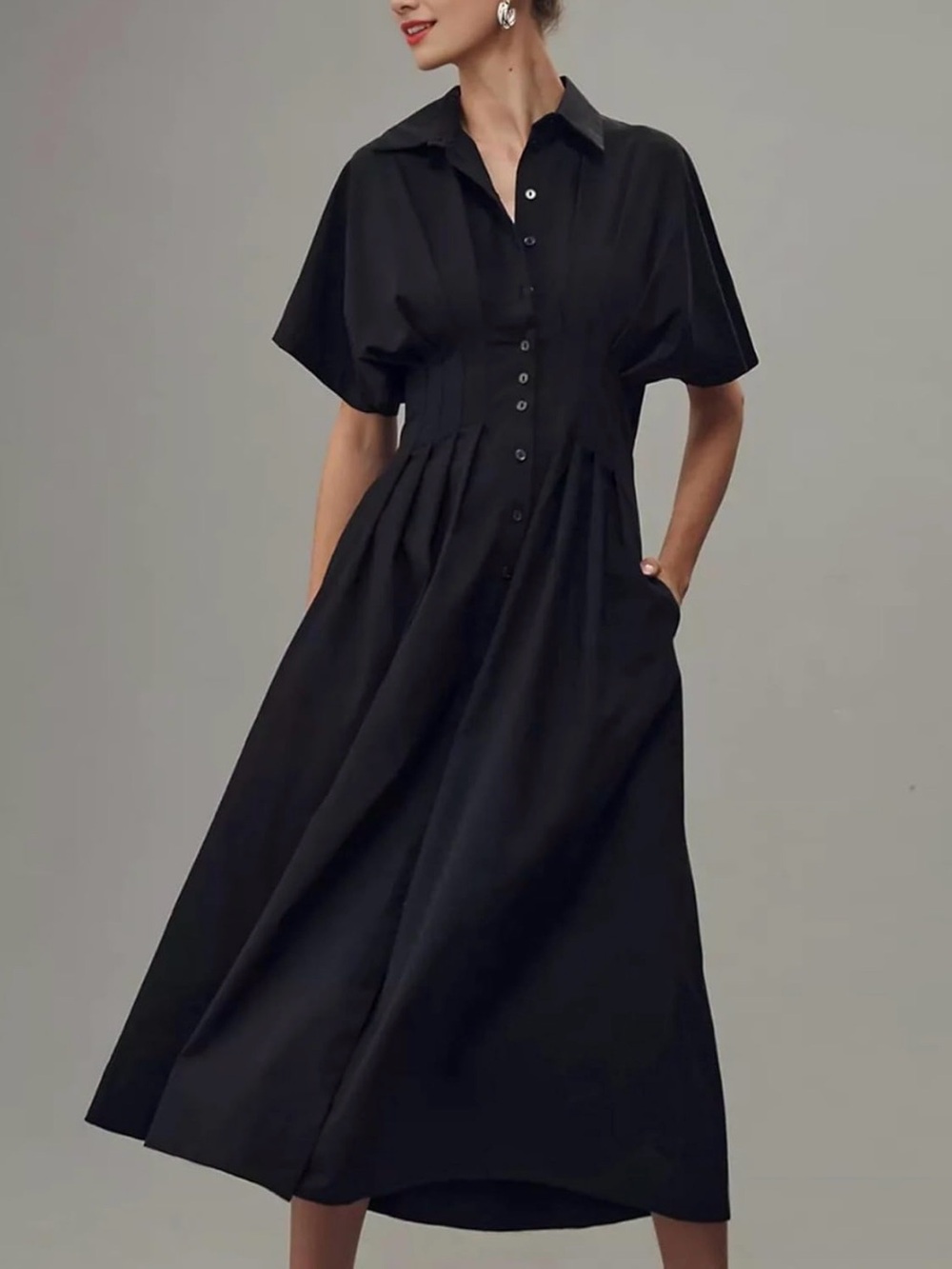 Classic Black Button-Front Midi Dress